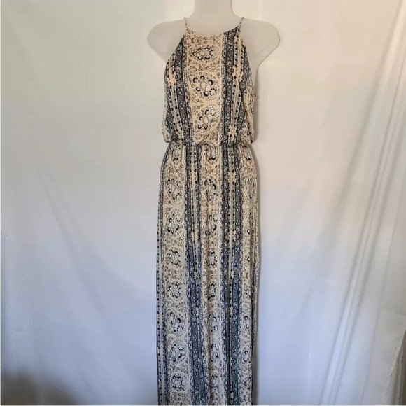 LUSH Boho Indie Print Pattern Empire Long Maxi Dress W Side Leg Slit-Size Large - Picture 2 of 16